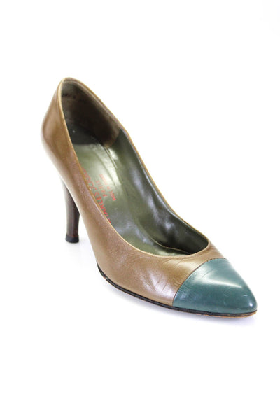Charles Jourdan Paris Womens Leather Cap Toe Heels Pumps Green Size 37.5 7.5