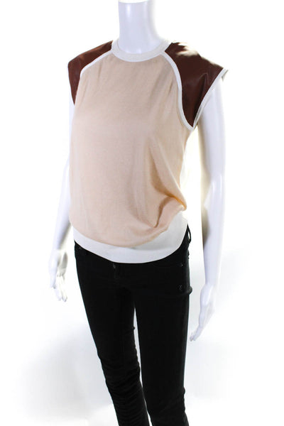 Reed Krakoff Womens Sleeveless Leather Tight Knit Blouse Top Beige Size Small