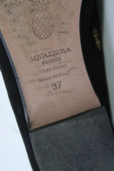 Aquazzura Womens Slip On Metallic Pineapple Logo Loafers Black Suede Size 37