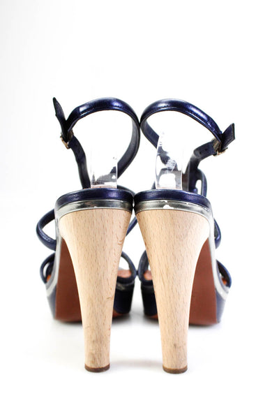 Lanvin Womens Platform Metallic Strappy Sandals Blue Leather Size 38