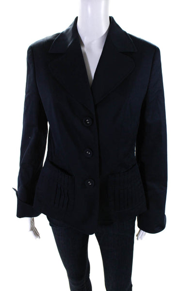 Escada Women's Padded Shoulder Three Button Blazer Jacket Navy Blue Size 40