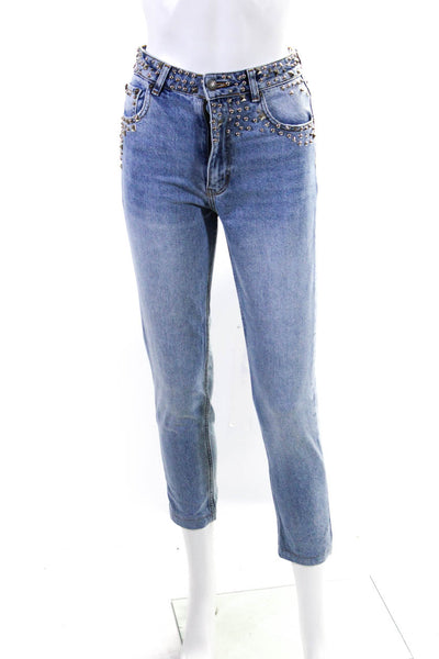 The Kooples Womens Silver Tone Studded Slim Light Wash Denim Jeans Blue Size 24