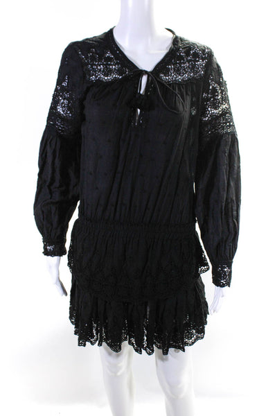 Love Shack Fancy Womens Black Cotton Floral Lace Long Sleeve Tired Dress Size XS