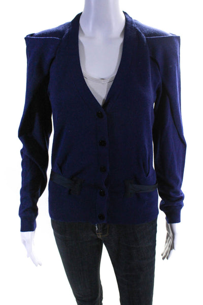 Lela Rose Womens Blue Wool V-Neck Belted Long Sleeve Cardigan Sweater Top Size M