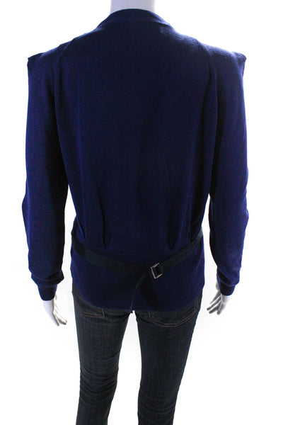 Lela Rose Womens Blue Wool V-Neck Belted Long Sleeve Cardigan Sweater Top Size M