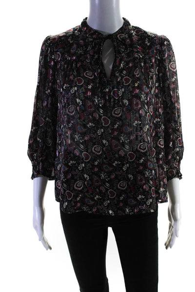 Gerard Darel Womens Tie Neck Floral 3/4 Sleeve Blouse Black Pink Blue Size FR 34