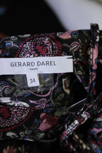 Gerard Darel Womens Tie Neck Floral 3/4 Sleeve Blouse Black Pink Blue Size FR 34