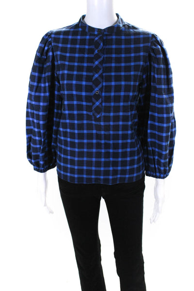 The Shirt Women's Checkered 3/4 Puff Sleeve Blouse Blue Size S