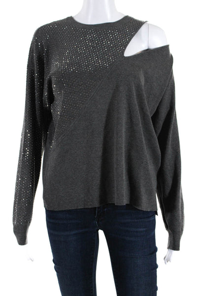Alice + Olivia Womens Crew Neck Solid Crystal Long Sleeve Sweater Gray Size PS