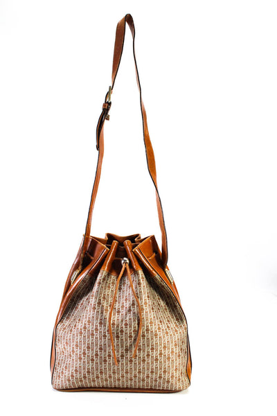 Judith Leiber Womens Leather Patterned Drawstring Crossbody Handbag Purse Brown