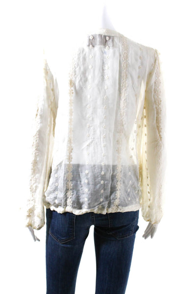 Rory Beca Womens Silk Embroidered Textured Stripe Tied Blouse Top Yellow Size S
