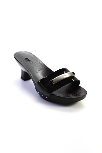 Prada Womens Patent Leather Slide On Sandal Heels Black Size 7