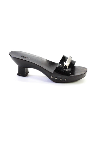 Prada Womens Patent Leather Slide On Sandal Heels Black Size 7