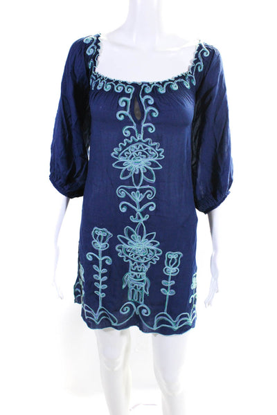 Poupette St. Barth Womens Solid Embroidery Off Shoulder Dress Blue Size Small