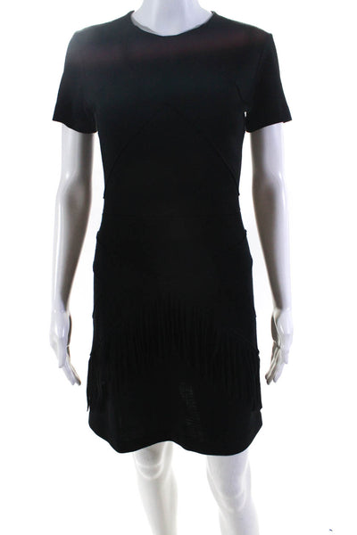 Sandro Womens Back Zip Short Sleeve Fringe Trim Mini Dress Black Wool Size 2