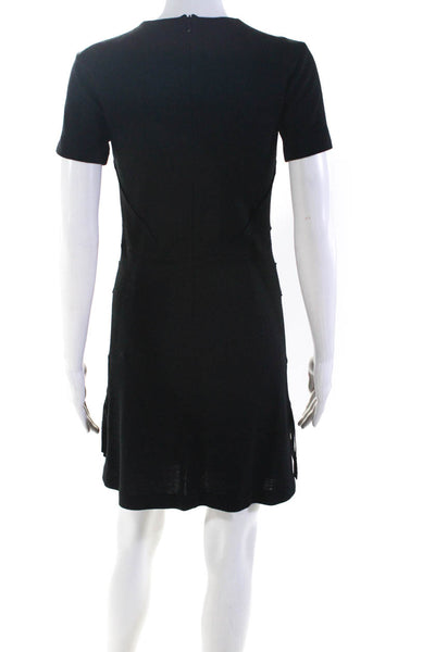 Sandro Womens Back Zip Short Sleeve Fringe Trim Mini Dress Black Wool Size 2