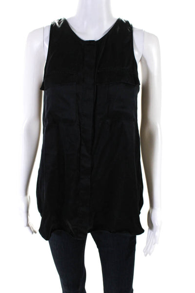 Theory Womens 100% Silk Round Neck Covered Button Down Tank Blouse Black Size M