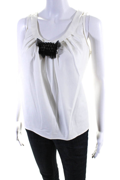 Vera Wang Womens Cotton Pleated Collar Beaded Bow Blouse Tank Top White Size 6