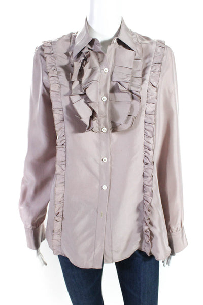 Lorenzini Women's Silk Ruffle Long Sleeve Button Down Blouse Pink Size L