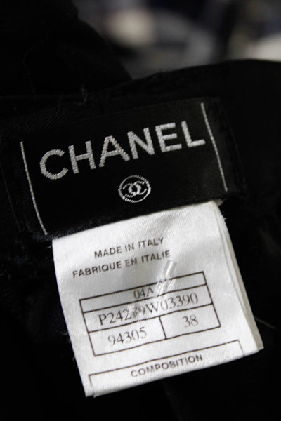 Chanel Womens 04A Quilted Satin Pocket Straight Leg Wool Pants Black Size FR 38