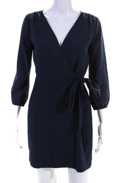 J Crew Womens V-Neck Long Bishop Sleeve Tie Front Wrap Dress Navy Blue Size 00