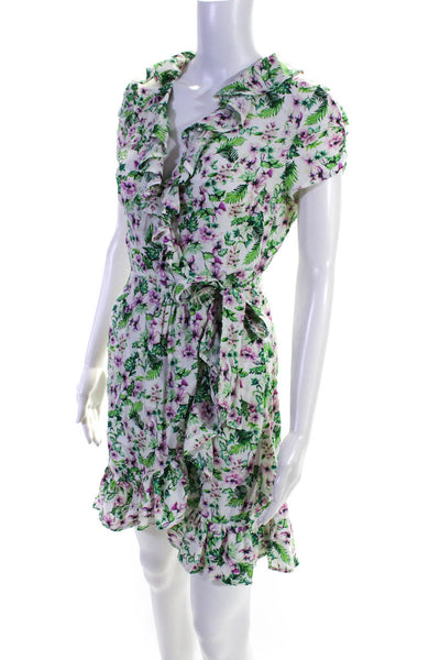 Juicy Couture Womens Collared Floral Print Ruffled Wrap Dress White Green Size 0