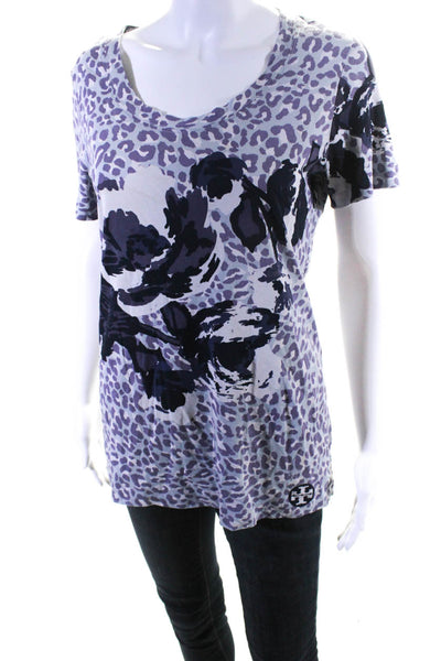 Tory Burch Women's Animal Print Scoop Neck Short Sleeve Tee Purple Size S