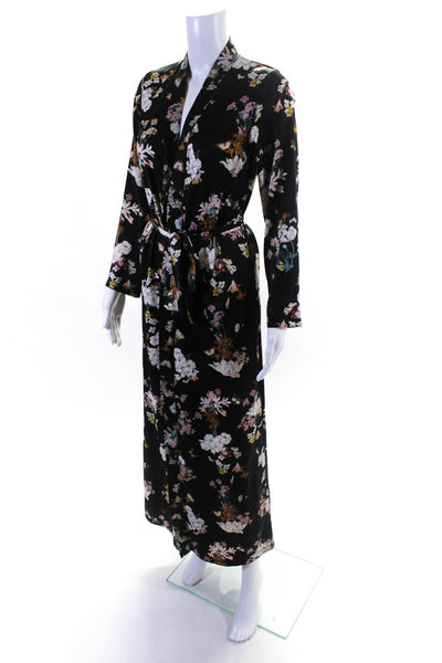 Zhu Womens Floral Midi Length Tied Long Sleeved Robe Black Pink White Size S