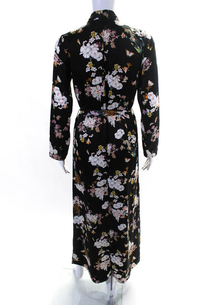 Zhu Womens Floral Midi Length Tied Long Sleeved Robe Black Pink White Size S