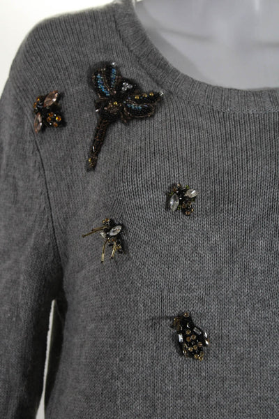 Notshy Womens Knit Bug Beaded Scoop Neck Long Sleeve Sweater Gray Size L
