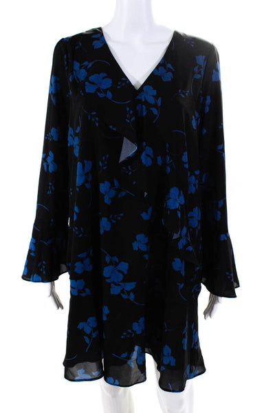 Parker Womens V Neck Long Sleeve  Ruffle Trim Floral Midi Dress Black Size Large