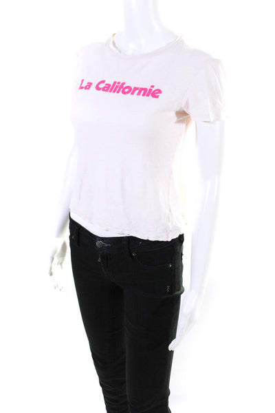 ALC Womens Pink Linen Graphic Print Crew Neck Short Sleeve Tee Top Size XS