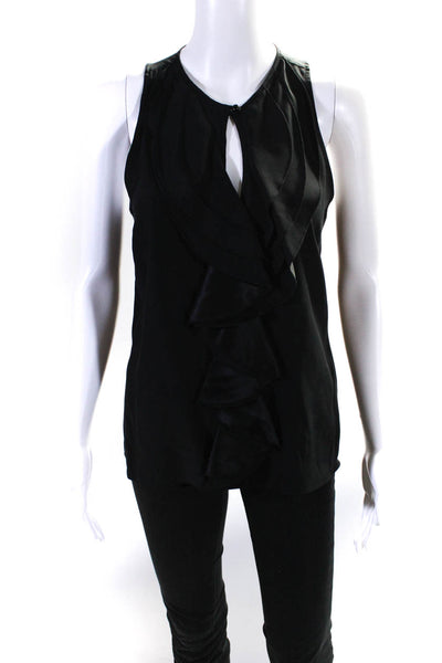 Parker Womens Silk Satin Ruffled V-Neck Sleeveless Blouse Top Black Size M