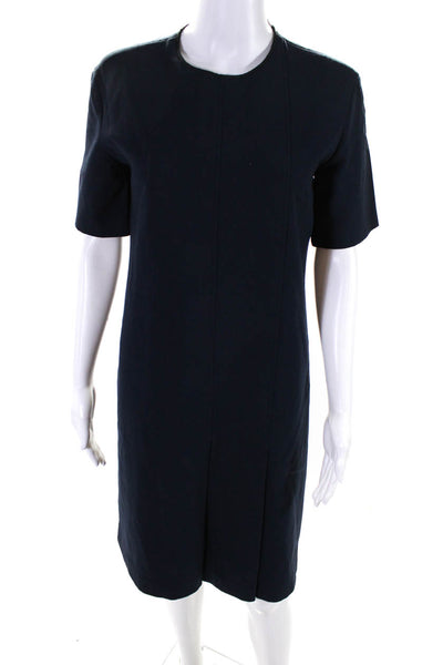 Nina Ricci Womens Wool Short Sleeve Paneled Midi Shift Dress Navy Blue Size 40