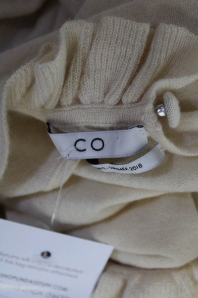 CO Womens Cream Cashmere Knit Ruffle Crew Neck Sleeveless Blouse Top Size XS