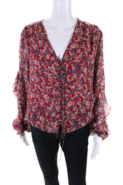 Nicholas Womens Long Sleeve Floral Ruffle Button Up Top Blouse Red Blue Size 2