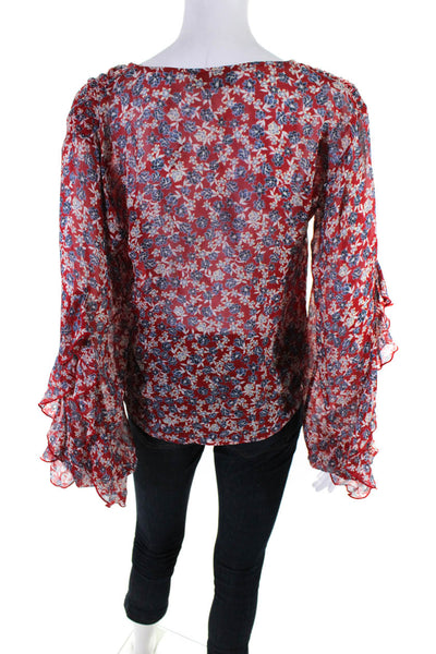 Nicholas Womens Long Sleeve Floral Ruffle Button Up Top Blouse Red Blue Size 2