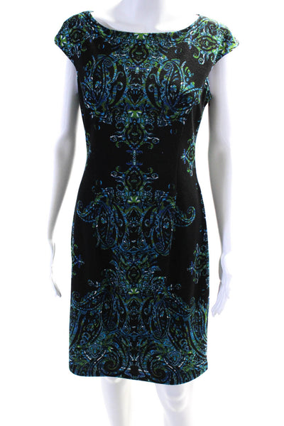 Maggy London Womens Abstract Print Wide Strap Sheath Dress Black Blue Size 6