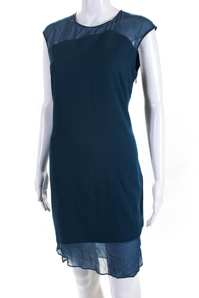 Parker Womens Solid Sheer Neckline Silk Sleeve Slit Sheath Dress Blue Size M