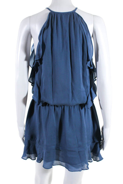 Parker Womens Silk Ruffled Accent V Neck Summer Mini Blouson Dress Blue Size S