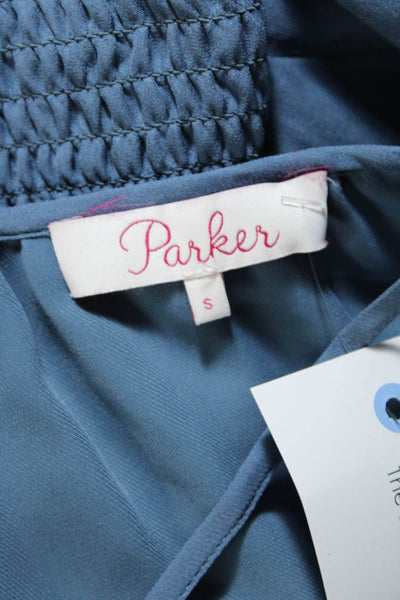 Parker Womens Silk Ruffled Accent V Neck Summer Mini Blouson Dress Blue Size S
