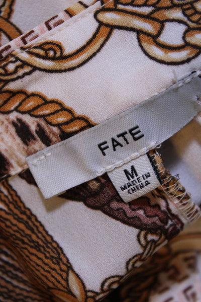Fate. Women's Chain Print Collared Button Down Ruched Blouse White Size M