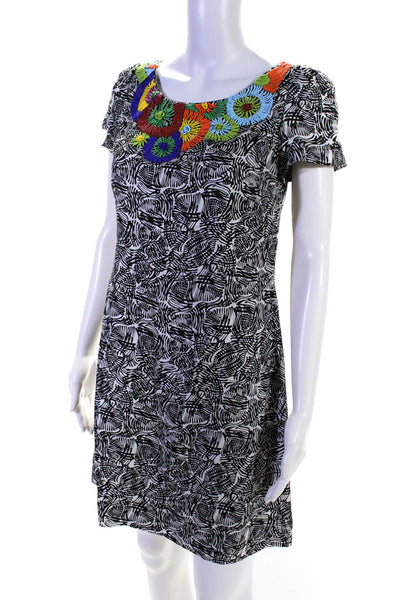 Phoebe Couture Womens Beaded Abstract Satin Sheath Dress White Black Silk Size 2