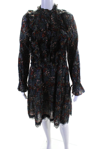 Warm Womens Floral Ruffled Lace Long Sleeved Short Dress Black Multicolor Size M