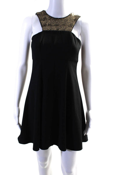 Shoshanna Womens Black Gold Sequenced Halter Sleeveless A-Line Dress Size 0