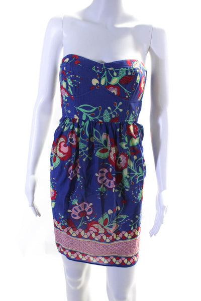 Shoshanna Womens Blue Silk Cotton Floral Zip Back Strapless Shift Dress Size 0