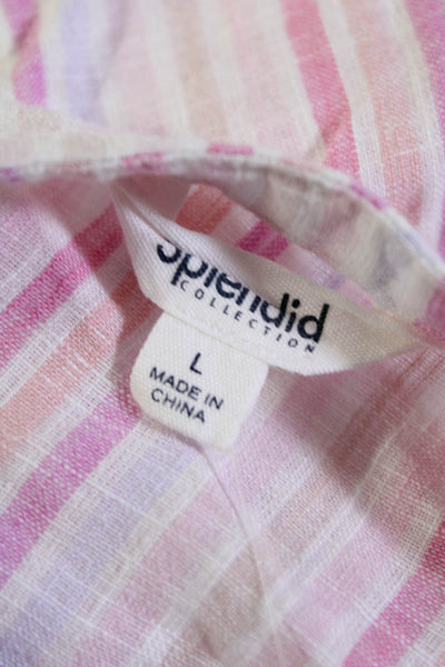 Splendid Womens Striped Print Button Front With Belt Shirt Dress Pink Size L