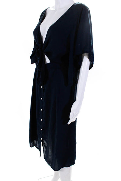Faithfull The Brand Womens V-Neck Tie Front A-Line Dress Navy Blue Size XS