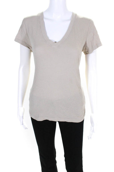 L Agence Womens V Neck Casual Basic Short Sleeve Tee Shirt Top Beige Size Large