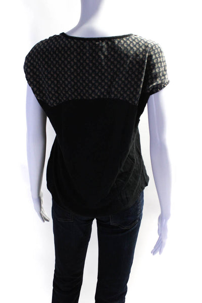 Sandro Womens Paisley Silk Linen Studded Short Sleeved Tunic Blouse Black Size 2